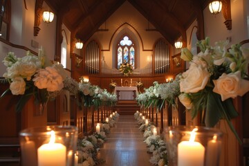 Serene church aisle adorned with floral arrangements and candles, ready for a wedding ceremony