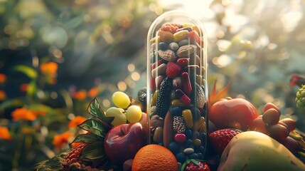 An HD image showcasing a capsule brimming with a colorful assortment of fruits, vegetables, nuts, and beans, symbolizing the synthesis of nature's goodness in a convenient form