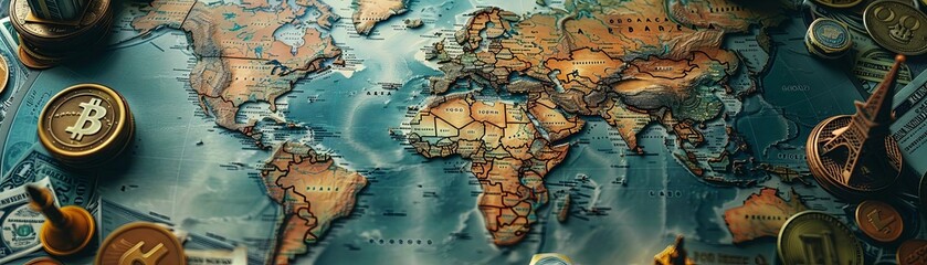 A world map with various physical and political features. The map is surrounded by various forms of currency.