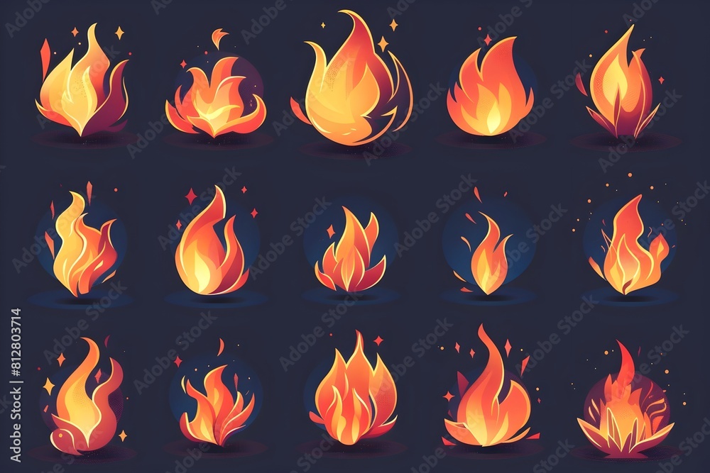 Poster Flat Style Flaming Fire Element Graphic Set for Conceptual Design and Digital Art Compositions