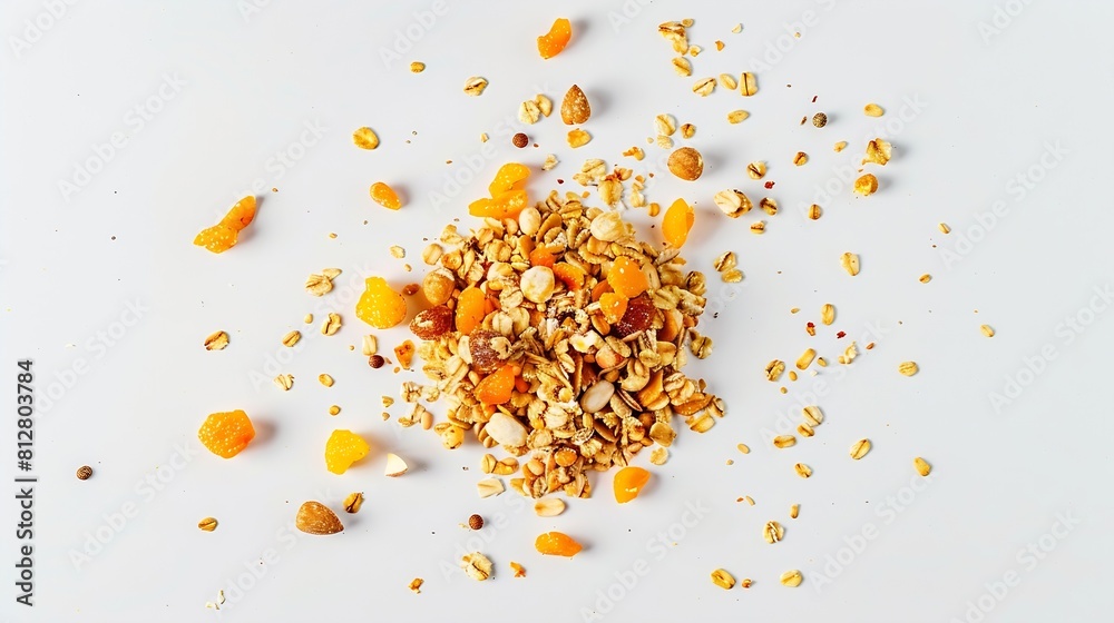 Poster creative layout made of granola with dry fruits and curcuma isolated on white backgroundflat lay foo