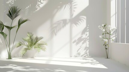Abstract white studio background for product presentation Empty room with shadows of window and flowers and palm leaves  3d room with copy space Summer concert Blurred backdrop : Generative AI