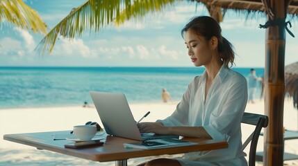 Business woman working with computer on the beach  Freelance concept Pretty young woman using laptop in cafe on tropical beach : Generative AI