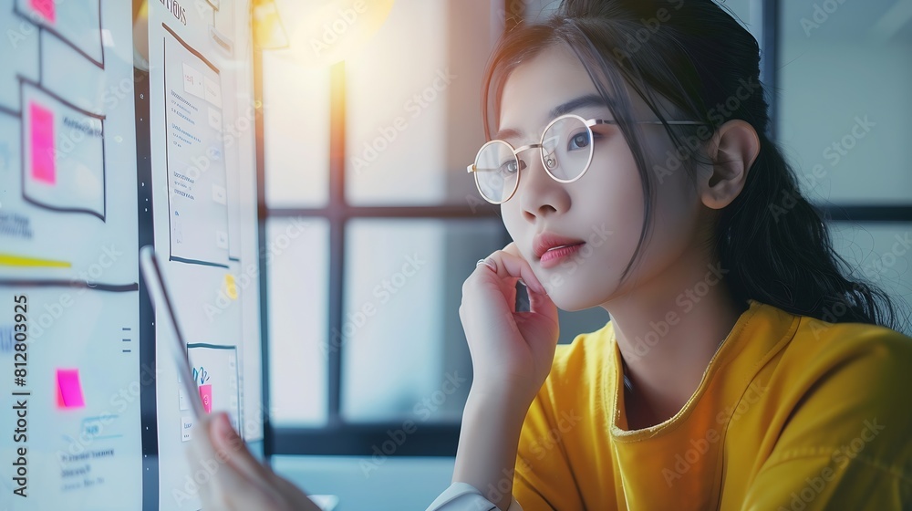 Poster Website designer Creative planning phone app development template layout framework wireframe design User experience concept Young asian woman UX designer working on smartphone applicat : Generative AI