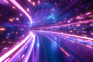 Obraz premium 3d Render, Blue purple light line through dark background, hyper speed warp in space.