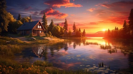 Beautiful shot of a lake dreamy rural house golden hour sunset Peaceful landscapes
