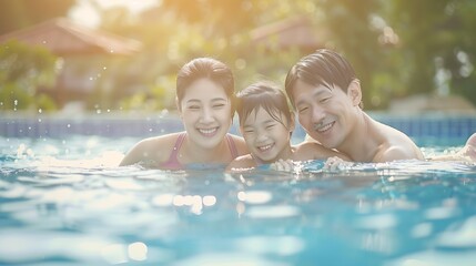 Asian family relax in swimming pool this image can use for summer father moter summer water and sport concept : Generative AI
