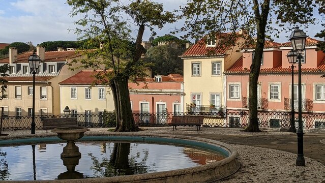 Town square and fountain in Lisbon, Portugal