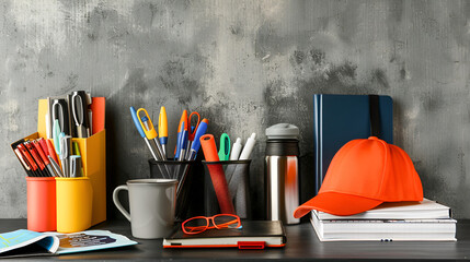 Composition of different promo products Thermo mugs, pens, silver table office clock , notebook,cap On desk grey and background, generative ai