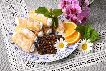 Homemade baking - grandma baked sweet puff pastry tubes,
filled with snow from egg whites or whipped cream,
traditional Czech delicacy.
