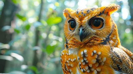A owl with big eyes, orange and yellow feathers, stands in the forest