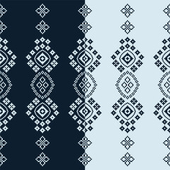 Traditional ethnic motifs ikat geometric fabric pattern cross stitch.Ikat embroidery Ethnic oriental Pixel navy blue background. Abstract,vector,illustration. Texture,decoration,wallpaper.