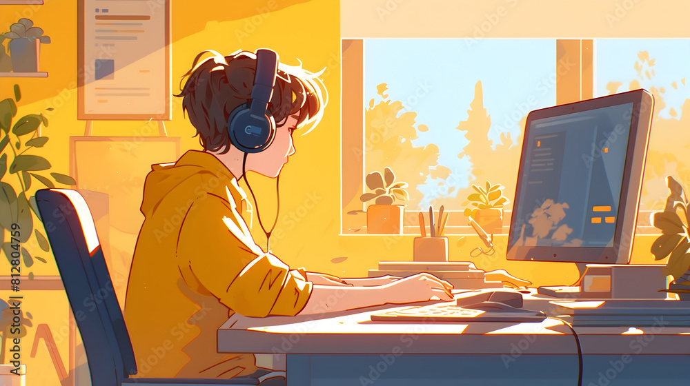 Aufkleber young student wearing headphones working at desk with computer monitor in modern flat design style