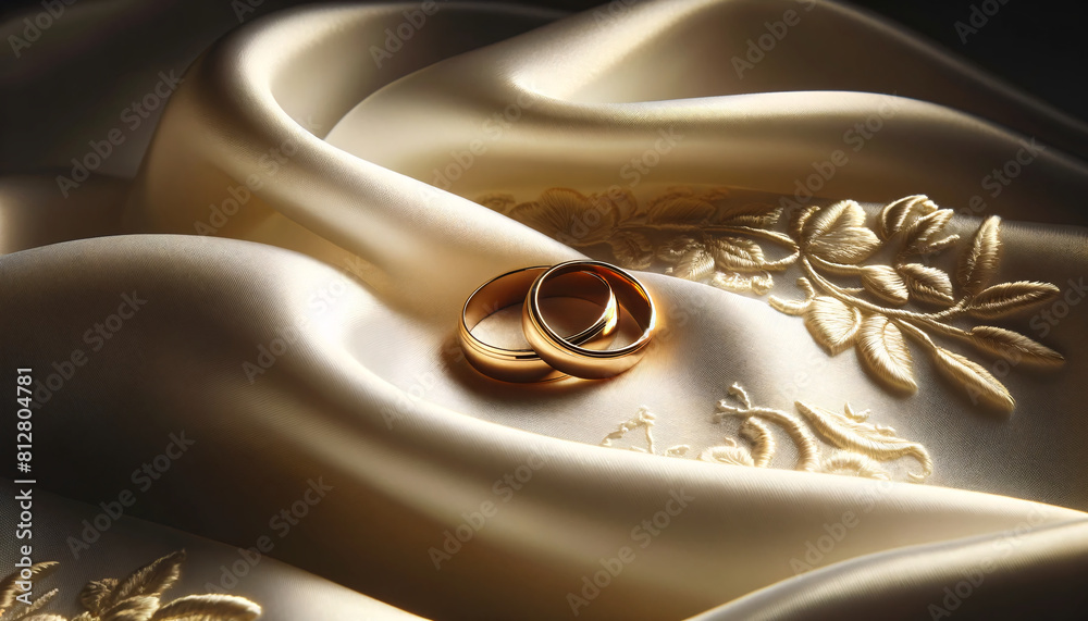 Wall mural a romantic and elegant image of two golden wedding rings lying on a smooth white silk fabric with de