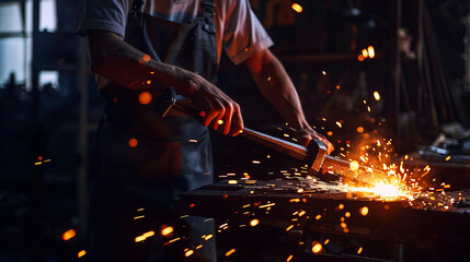 Artisan blacksmith forging steel, with sparks illuminating a dim workshop