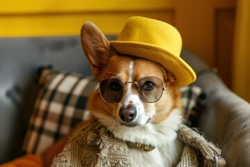 Charming corgi dog wearing a trendy yellow hat and round sunglasses, exuding cool vibes