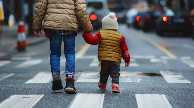 Adult Helping A Toddler Cross A Busy Urban Street Safely