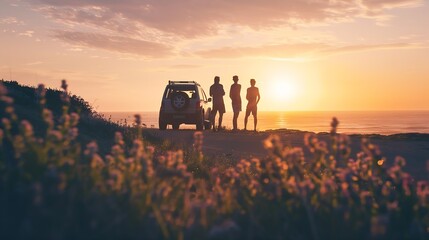 Group Of Friends Standing By Car On Coastal Road At Sunset : Generative AI - Powered by Adobe