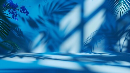 Abstract gradient blue studio background for product presentation Empty room with shadows of window and flowers and palm leaves  3d room with copy space Summer concert Blurred backdrop : Generative AI
