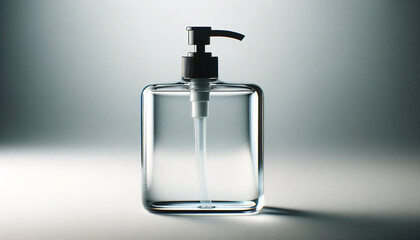 a clear glass soap dispenser with a black pump, set against a soft gray background