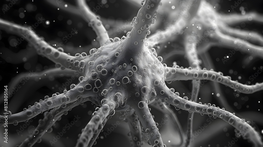 Aufkleber Intricate Neural Network of the Brain Captured through Electron Microscopy Revealing Intricate Cellular Structures and Synaptic Connections