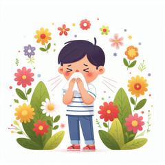 Concept of allergy to flowers. Boy sneezes from plant pollen