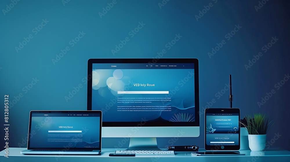 Leinwandbilder Web design studio web site responsive design presentation on computer display laptop smart phone and tablet Blue wall with web design concept elements : Generative AI