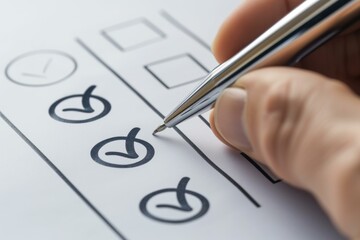 Closeup of a hand ticking off items on a checklist with a silver ballpoint pen