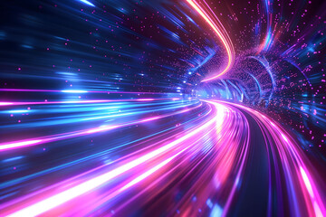 Obraz premium 3d Render, Blue purple light line through dark background, hyper speed warp in space.