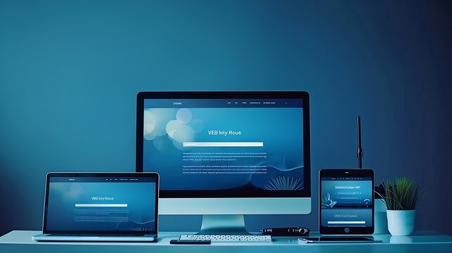 Web design studio web site responsive design presentation on computer display laptop smart phone and tablet Blue wall with web design concept elements : Generative AI