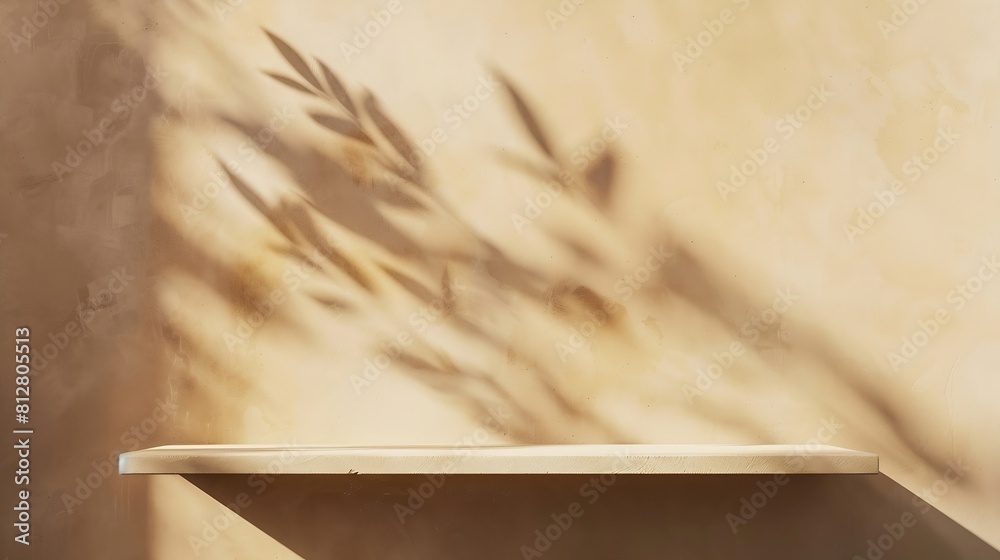 Poster empty shelf on a beige textured plaster wall background with aesthetic floral sun light shadows prod