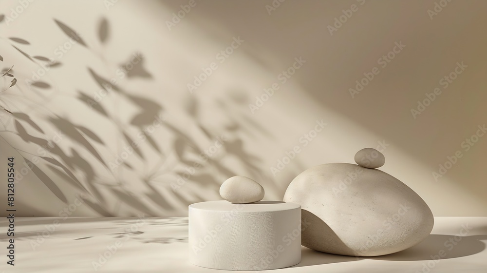 Fototapete Abstract minimal nature scene  empty stage and composition of stones on beige background and soft shadows of tree leaves Pedestal for cosmetic product and packaging mockups display pre : Generative AI