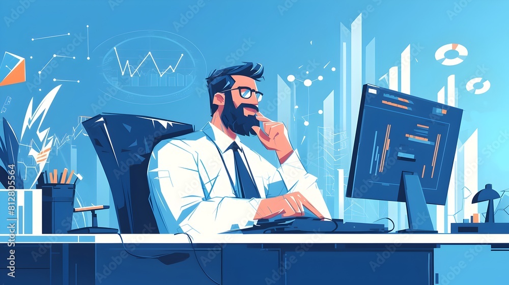 Aufkleber satisfied businessman analyzing financial growth and data in modern office workspace