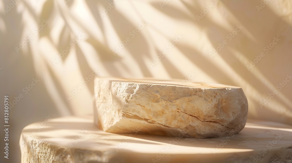 Poster beige concept product display podium rock stone with blurred background with sunlight shadow : gener