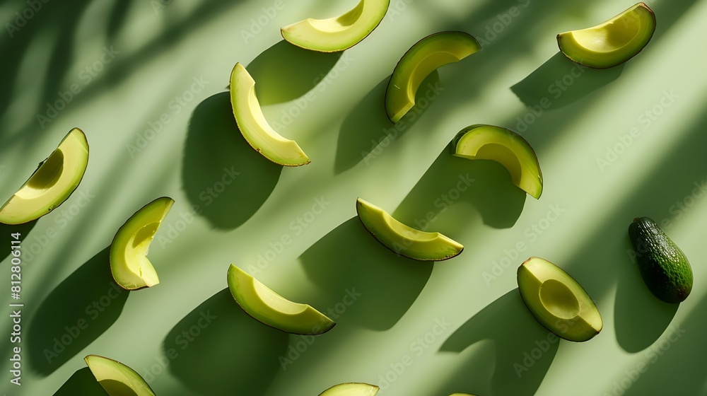 Poster creative layout made of avocado flat lay food concept macro concept green background : generative ai