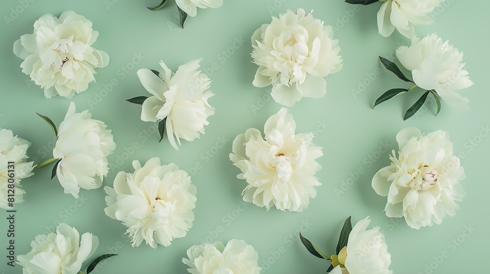 Poster creative layout made of white peony flowers on green background minimal style composition copy space