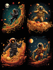 Surreal astronaut artwork featuring space explorers floating in cosmic spaghetti, blending sci-fi, fantasy, and food-inspired creativity in a whimsical and imaginative illustration.