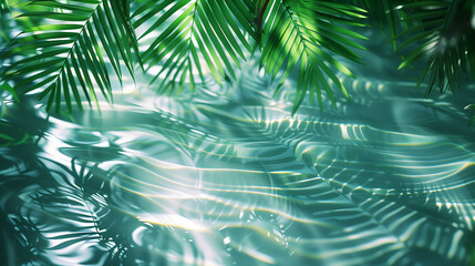 Palm leaves cast shadows on the clean water surface. Vacation concept and tropical background.