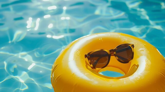 Sunglasses on a yellow floater inside a swimming pool in summer time : Generative AI