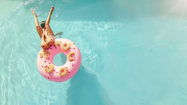Woman relaxing on donut lilo in the pool water in hot sunny day Summer holiday idyllic Top view : Generative AI - Powered by Adobe