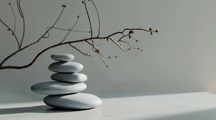 Stack stones platform podium and twig on gray light copy spase background Minimal empty display product presentation scene : Generative AI