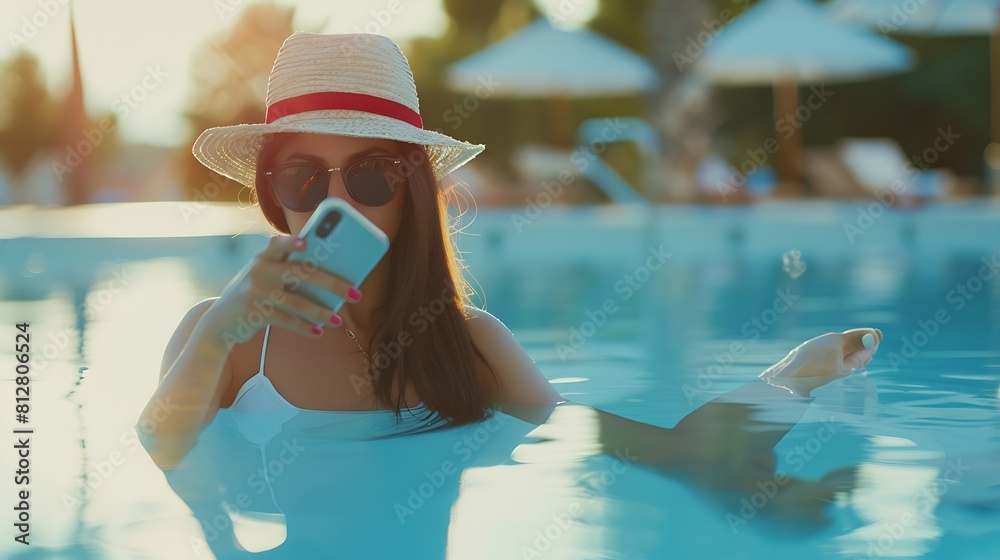 Poster young woman traveler relaxing and using a mobile phone by a hotel pool while traveling for summer va