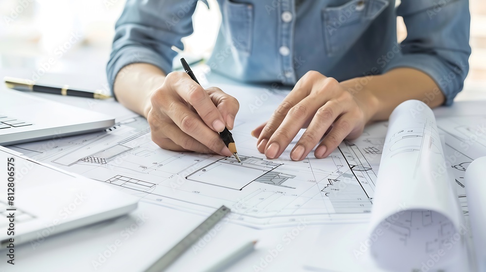 Poster Architect or engineer working on building blueprint contractor designing and drawing blueprint layout with tool for construction project Civil engineer and architecture design concept  : Generative AI