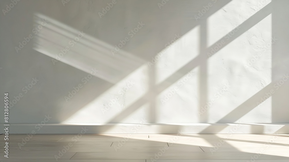 Poster aesthetic geometric sunlight shadows on a white textured wall and beige wooden floor empty template 