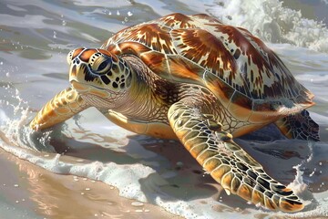 Turtle swimming in the sea,  render of sea turtle
