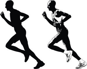 marathon runner sketch and silhouette - vector