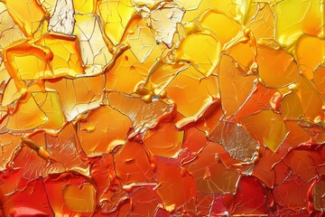 Abstract background with yellow and orange pieces of broken glass, macro