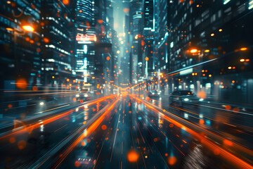 Fototapeta premium Speed neon motion light trail into mega city background, abstract glowing line motion from vehicles, technology digital with long time light.