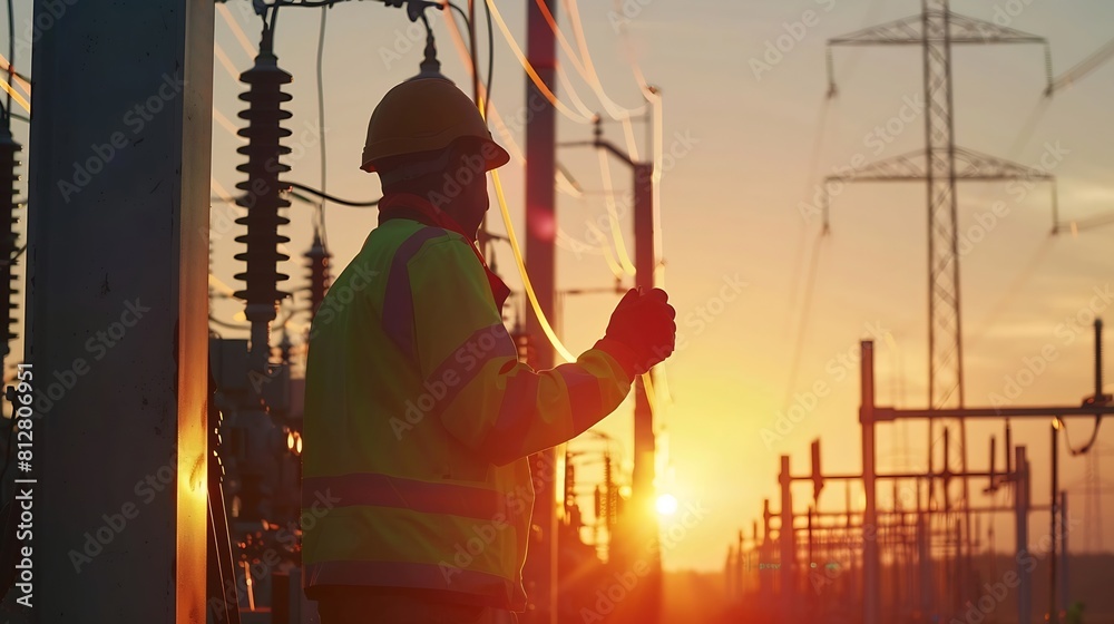 Poster an electrician at a high voltage power plant works with a project at sunset in the sky electrical en