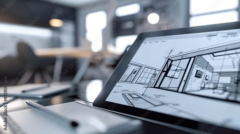 Poster interior layout plan on tablet computer : generative ai